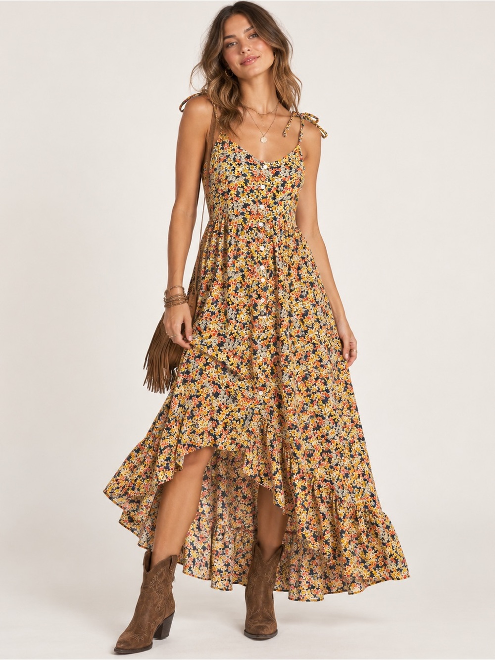 Patrons of Peace Floral High Low Maxi Dress Boho Tie Strap Button Front